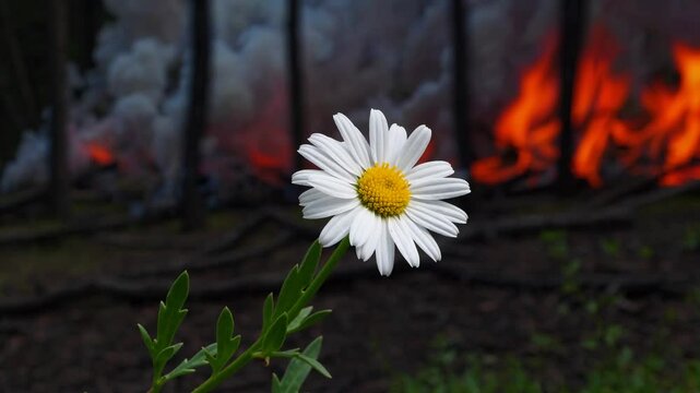 Single daisy flower in sharp focus with forest wildfire and smoke in background, symbol of hope and resilience.
