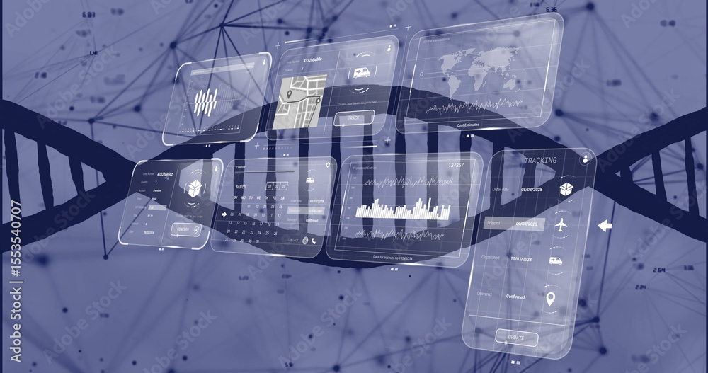 Poster displaying translucent ui panels hovering over dna helix in network, with map views and logistics
