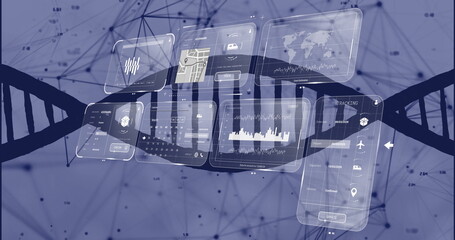 Displaying translucent UI panels hovering over DNA helix in network, with map views and logistics