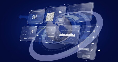 Floating translucent UI panels showing line charts, map overlay and tracking icons in virtual space