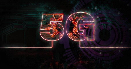 Displaying glowing 5G symbol in tech hub, with neon lines, circuit traces and radial interface