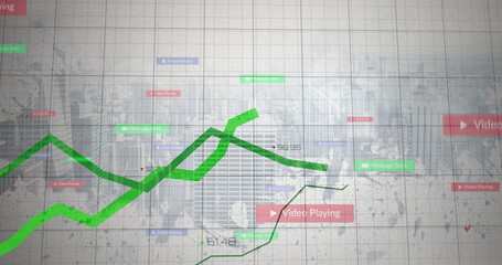 Showing bright green jagged trend lines tracking data on digital grid overlay, with colored labels