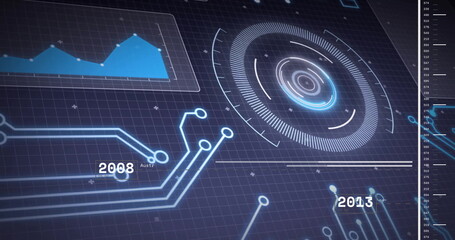 Displaying circular HUD on grid showing neon circuits, line graph and timeline markers, copy space