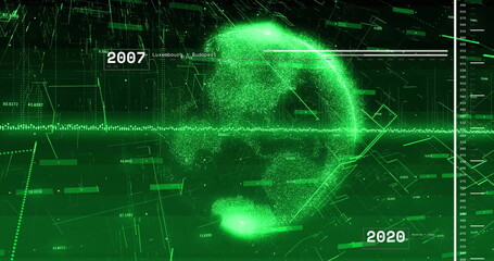 Showing green particle-based head silhouette emerging in digital matrix, with grid and data labels