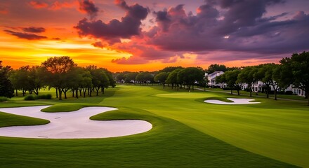 Vibrant Sunset over Lush Green Golf Course Fairway Sand Traps and White Houses sunrise
