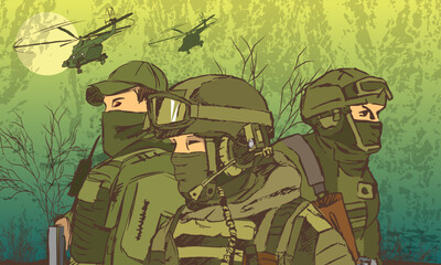 Three modern soldiers in full military uniform against the background of a forest and flying helicopters. Sketch. Vector illustration