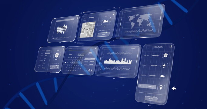 Holographic panels floating in UI, showing charts, calendar, waveform, map, shipment tracking