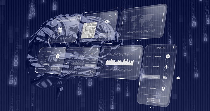 Showing 3D human brain floating within digital interface, with holographic panels tracking data - Powered by Adobe