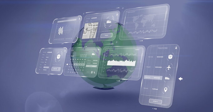 Rotating 3D globe in cockpit panels showing maps, graphs, tracking icons, timestamps, update button