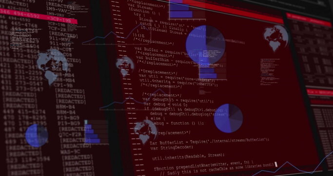 Displaying interface rendering code on console, with blue pie charts, bar graphs, redacted lists