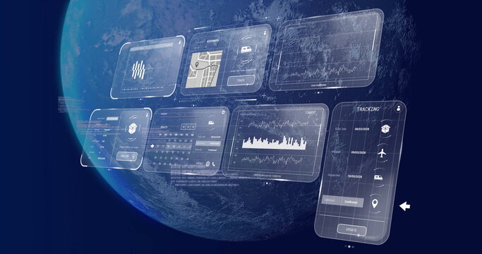 Displaying digital UI panels floating in space, with Earth, map snippet, charts and tracking icons
