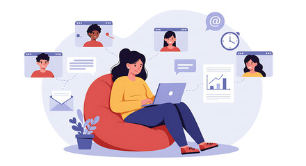 Flat Vector Illustration of a Remote Worker on a Video Conference. set for work from anywhere theme, remote work, lifestyle