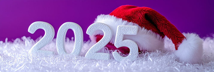 Cheerful Santa hat placed on soft 3D 2025 numbers with playful purple backdrop symbolizing Christmas and New Year season