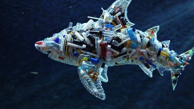 Plastic pollution shark sculpture made from ocean waste underwater with sun rays.