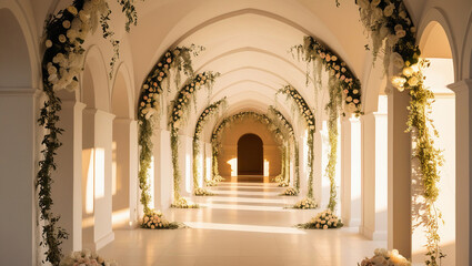 Fototapeta premium Long white arches with ethereal floral décor in warm light. Perfect for elegant celebration backdrops and luxury architecture-floral fusion concepts.