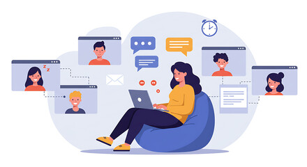 Flat Vector Illustration of a Remote Worker on a Video Conference. set for work from anywhere theme, remote work, lifestyle