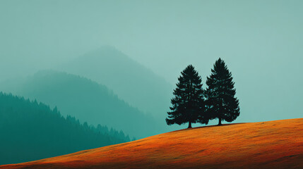 Two pine trees on golden hill with misty green mountains in background