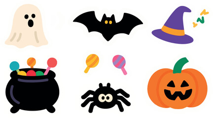 Fototapeta premium Halloween Icons Grouping Cute Illustrations Ghost Bat Witch Hat Cauldron Lollipops Spider Pumpkin Cheerful Halloween Celebration