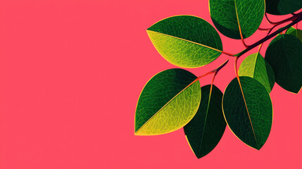 Naklejka premium Green leaves with yellow veins on pink background, vibrant and minimal nature design