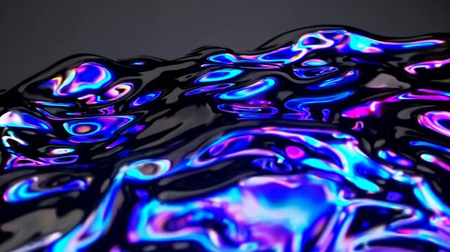 Abstract black liquid surface with glowing blue neon reflections and fluid waves.