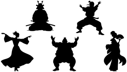 Stylish Silhouette Vector Set of Eastern Asia Cultures - Samurai, Geisha, Sumo and Traditional Characters
