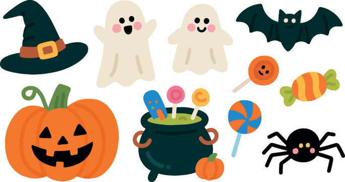 Whimsical Halloween Cartoon Clipart with Spooky Elements and Candies for Festive Celebrations