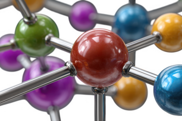 Close up of a colorful molecular structure with metallic connectors isolated on transparent background