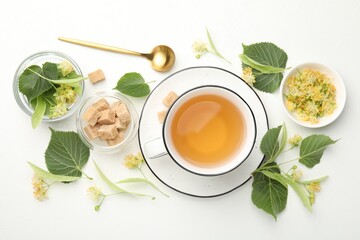 Tasty linden tea in cup, spoon, sugar cubes, leaves and flowers on white table, flat lay