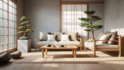 Fototapeta premium Calm Zen-inspired space with wooden furniture, shoji window, and neutral tones. Ideal for promoting mindfulness, design balance, and modern living.