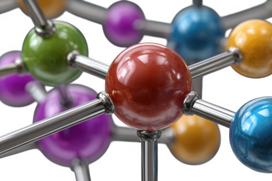 Close up of a colorful molecular structure with metallic connectors isolated on transparent background
