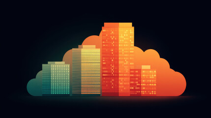 Obraz premium Isometric cityscape with glowing skyscrapers and cloud silhouette in vibrant gradient colors
