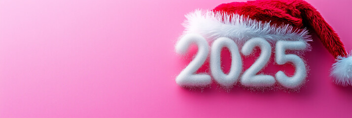 Pink holiday background with 3D fluffy 2025 digits and Santa hat, perfect for festive banners or winter marketing
