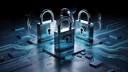 Macro View of Metallic Padlocks on Blue Circuit Board – Cybersecurity Concept