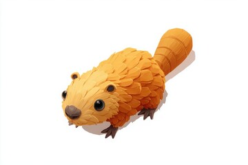 Obraz premium Adorable cartoon beaver illustration, top-down isometric view, perfect for children's books, game assets, or nature-themed designs. Features a fluffy, textured design in warm orange tones.