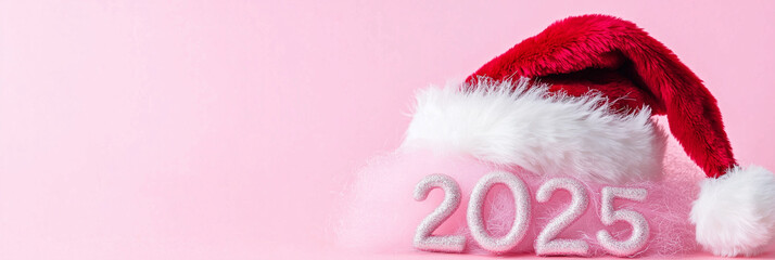 Santa hat resting on 3D fluffy 2025 over pink background, vibrant Christmas and New Year image for seasonal graphics