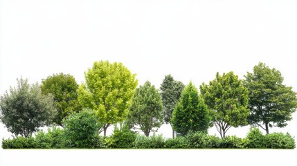 Lush green trees and shrubs isolated on white background, perfect for landscaping or environmental designs.