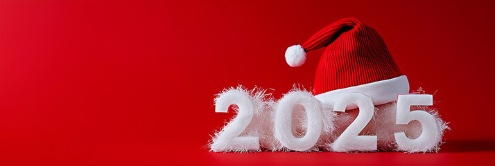 Santa hat resting on fluffy white 2025 3D digits over a bold red background for festive Christmas and New Year greetings