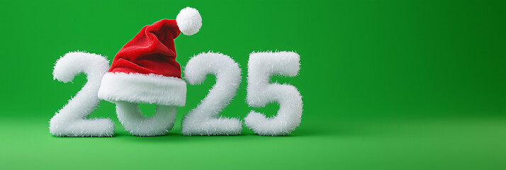 White 3D 2025 with festive Santa hat on green backdrop, Christmas-style layout with clear area for overlay or messaging