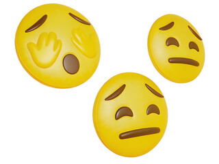 Fototapeta premium Three distressed yellow emojis showing sadness and worry isolated on white background