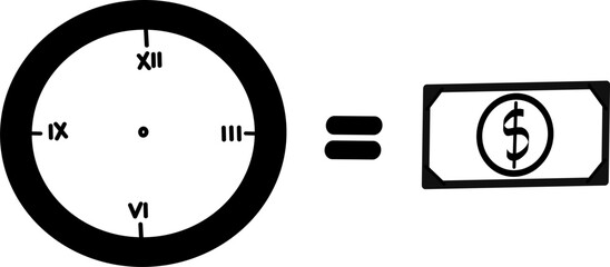 Minimalist vector icon representing the concept of Time is Money. Featuring a clock with Roman numerals and a dollar bill symbol, connected by an equal sign