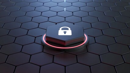 Red-Glowing Security Button on Hex Grid Background – 3D Cyber Illustration