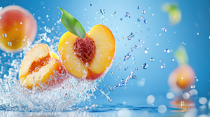 Juicy peach halves splash in water, showcasing freshness and vibrant colors, evoking refreshing feeling