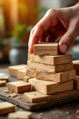 Hand stacking wooden blocks on wooden board