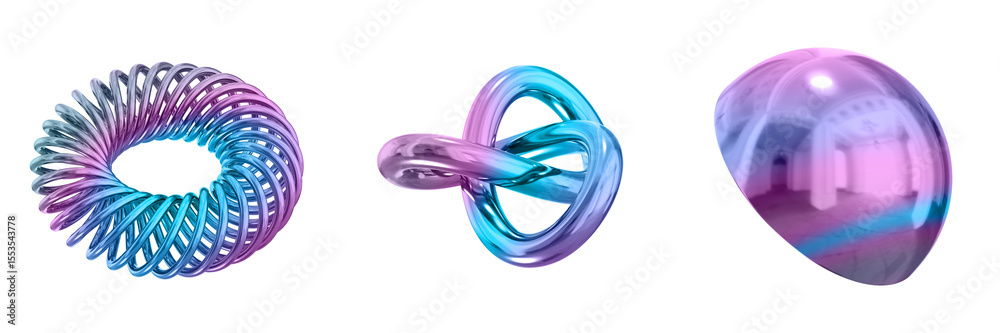 Poster 3D Abstract Shape Objects, 3d rendering metallic gradient shape design element, futuristic, shiny design
