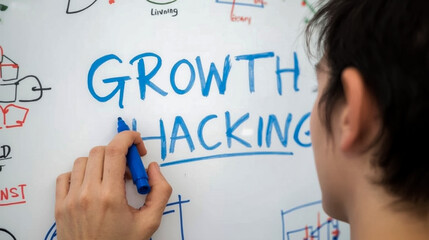 A close-up shot of a person's hand holding a blue marker writing 'Growth Hacking' on a whiteboard Other diagrams and text are visible
