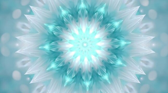 Elegant kaleidoscope animation featuring symmetrical floral patterns in turquoise and white hues,