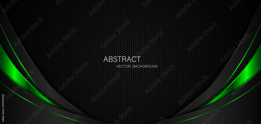 Poster abstract black and green curves on dark steel mesh background with free space for design. modern tec