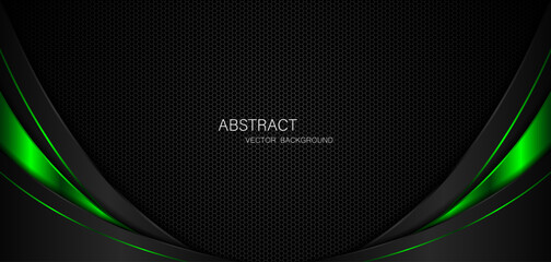 Abstract black and green curves on dark steel mesh background with free space for design. modern technology innovation concept background