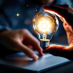 Idea lightbulb with gear inside held by hand