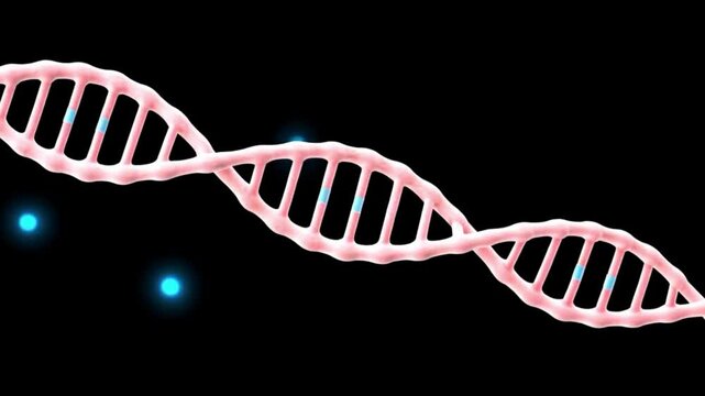 The DNA helix, rendered in a soft pink hue, gracefully spirals across a stark black background